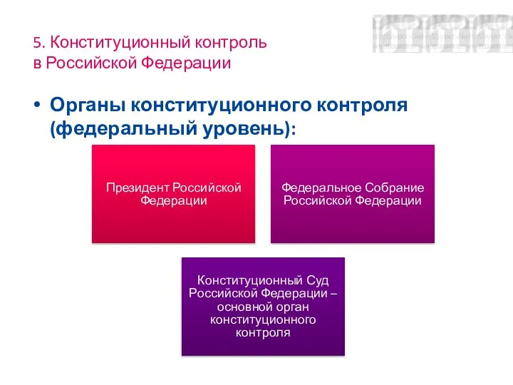 5. Конституционный контроль в Российской Федерации Органы конституционного контроля (федеральный уровень): Президент