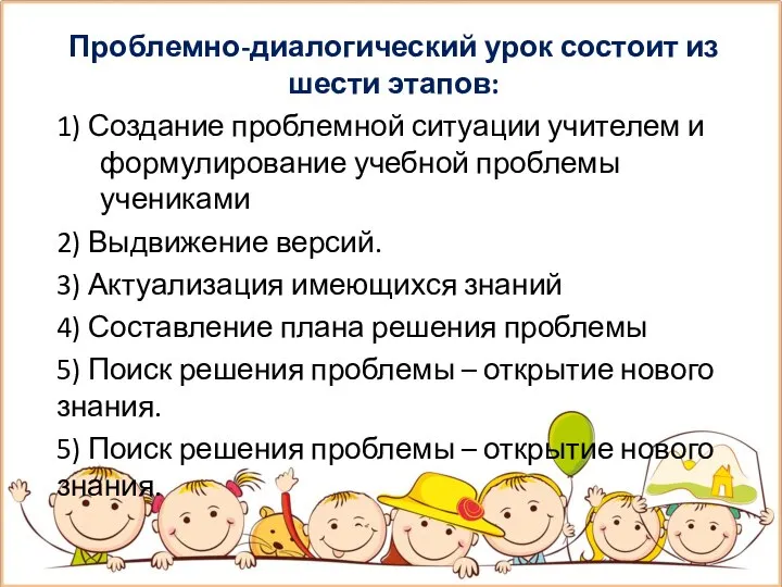 Проблемно-диалогический урок состоит из шести этапов: 1) Создание проблемной ситуации учителем и