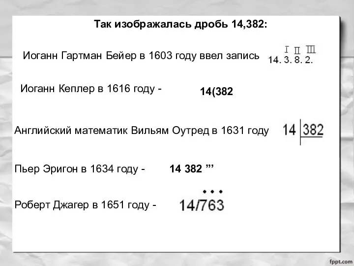 Так изображалась дробь 14,382: Иоганн Гартман Бейер в 1603 году ввел запись