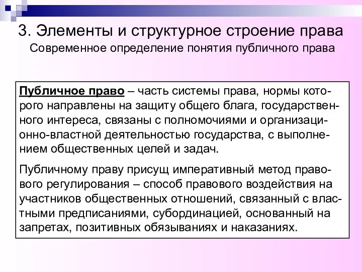 Современное определение понятия публичного права Публичное право – часть системы права, нормы