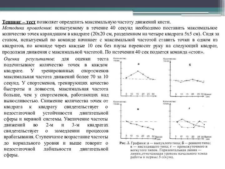 Теппинг – тест позволяет определить максимальную частоту движений кисти. Методика проведения: испытуемому