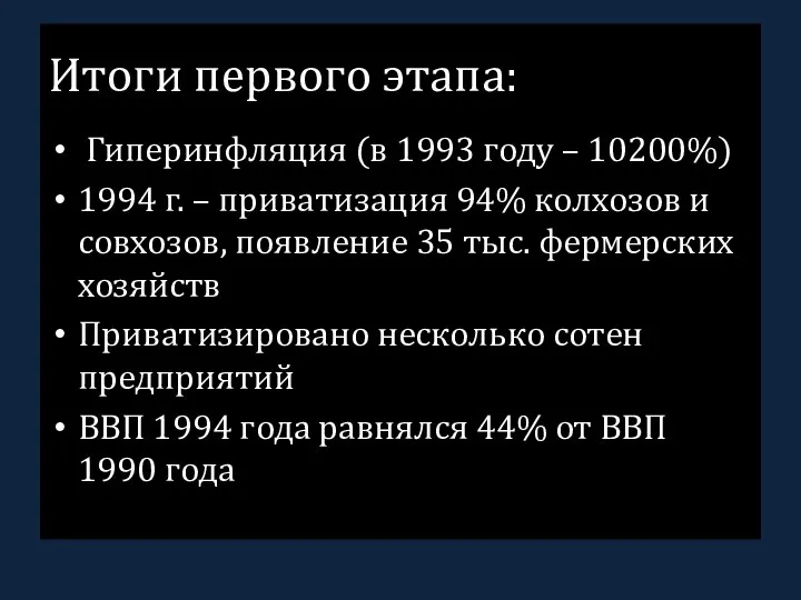 Итоги первого этапа: Гиперинфляция (в 1993 году – 10200%) 1994 г. –