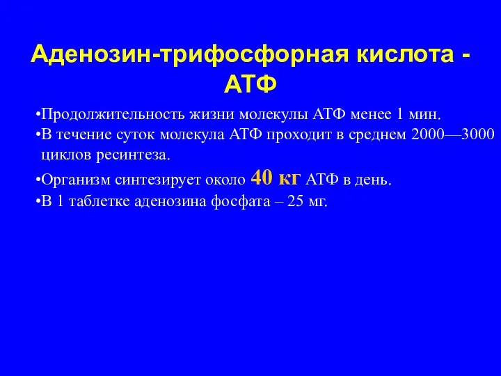 Аденозин-трифосфорная кислота - АТФ Продолжительность жизни молекулы АТФ менее 1 мин. В