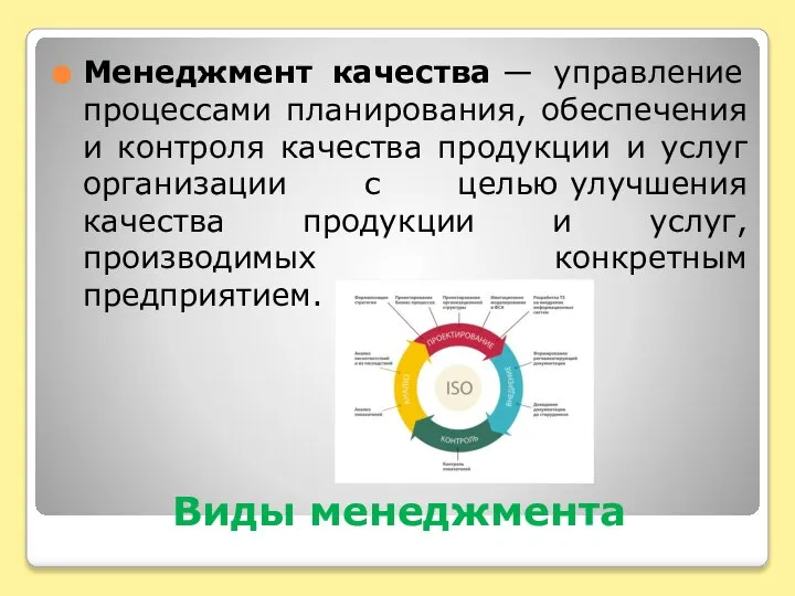 Виды менеджмента Менеджмент качества — управление процессами планирования, обеспечения и контроля качества