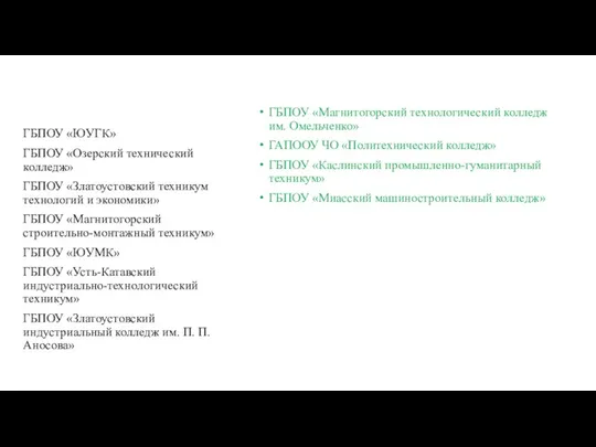 ГБПОУ «Магнитогорский технологический колледж им. Омельченко» ГАПООУ ЧО «Политехнический колледж» ГБПОУ «Каслинский