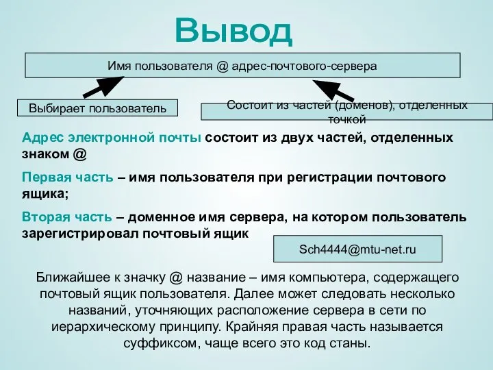 Имя пользователя @ адрес-почтового-сервера Sch4444@mtu-net.ru Адрес электронной почты состоит из двух частей,