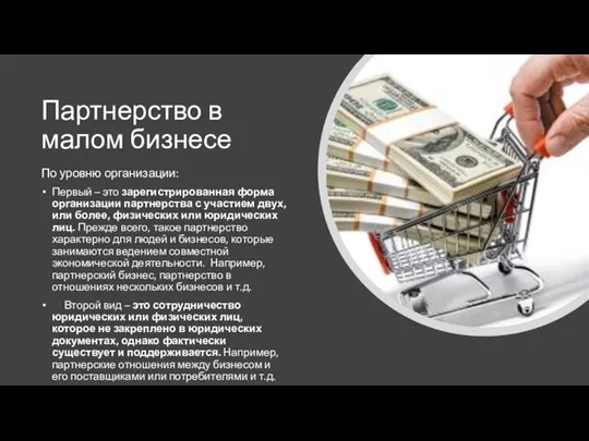 Партнерство в малом бизнесе По уровню организации: Первый – это зарегистрированная форма