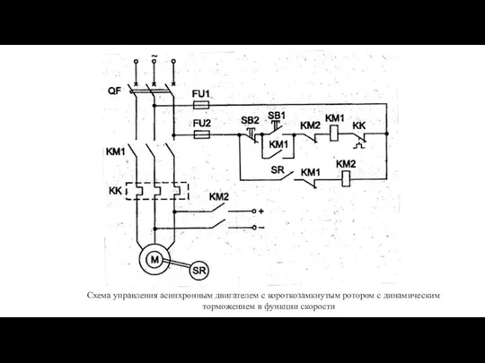Схема управления асинхронным двигателем с короткозамкнутым ротором с динамическим торможением в функции скорости
