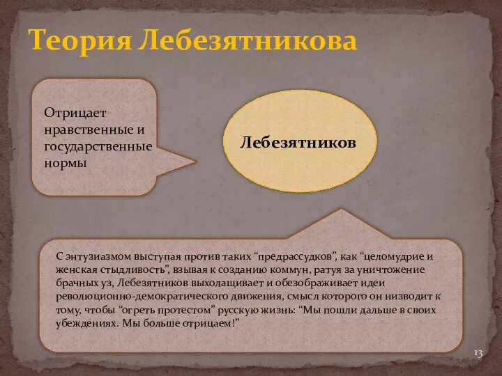 Теория Лебезятникова Отрицает нравственные и государственные нормы С энтузиазмом выступая против таких