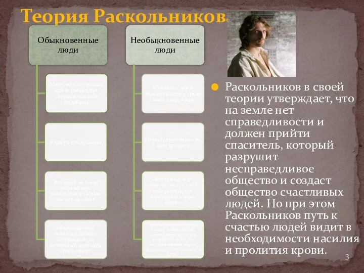 Теория Раскольникова Раскольников в своей теории утверждает, что на земле нет справедливости