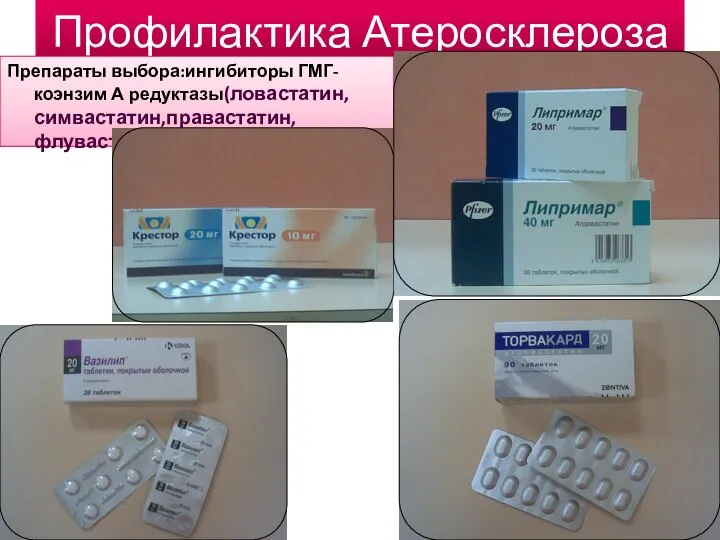 Профилактика Атеросклероза Препараты выбора:ингибиторы ГМГ- коэнзим А редуктазы(ловастатин,симвастатин,правастатин,флувастатин)