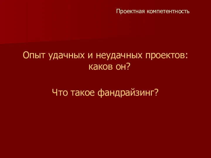 Проектная компетентность Опыт удачных и неудачных проектов: каков он? Что такое фандрайзинг?