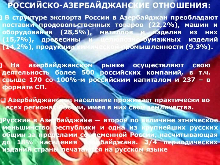 РОССИЙСКО-АЗЕРБАЙДЖАНСКИЕ ОТНОШЕНИЯ: В структуре экспорта России в Азербайджан преобладают поставки продовольственных товаров