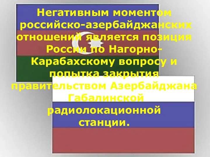 Негативным моментом российско-азербайджанских отношений является позиция России по Нагорно- Карабахскому вопросу и