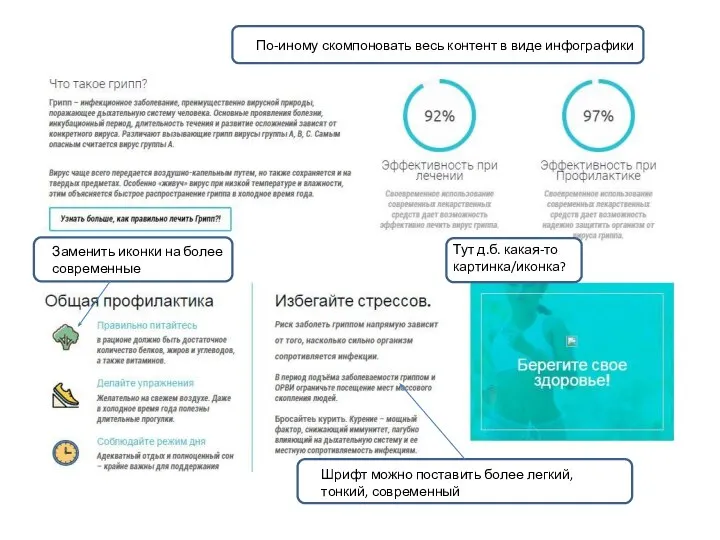 Шрифт можно поставить более легкий, тонкий, современный е По-иному скомпоновать весь контент