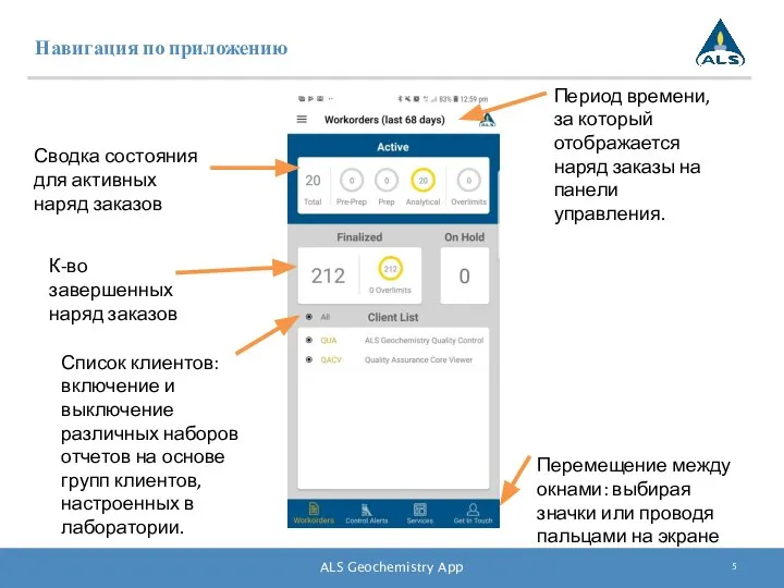 Навигация по приложению ALS Geochemistry App Период времени, за который отображается наряд