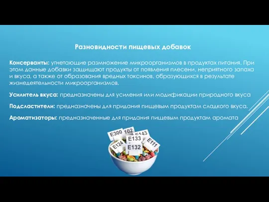 Разновидности пищевых добавок Консерванты: угнетающие размножение микроорганизмов в продуктах питания. При этом