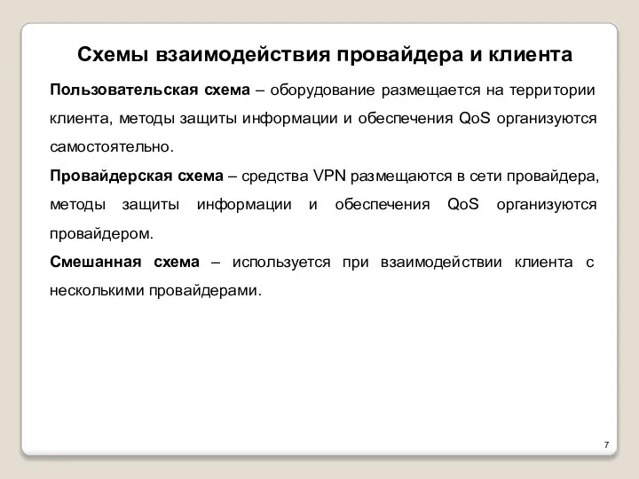 Схемы взаимодействия провайдера и клиента Пользовательская схема – оборудование размещается на территории