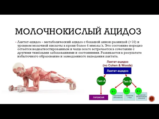 МОЛОЧНОКИСЛЫЙ АЦИДОЗ Лактат-ацидоз – метаболический ацидоз с большой анион-разницей (>10) и уровнем