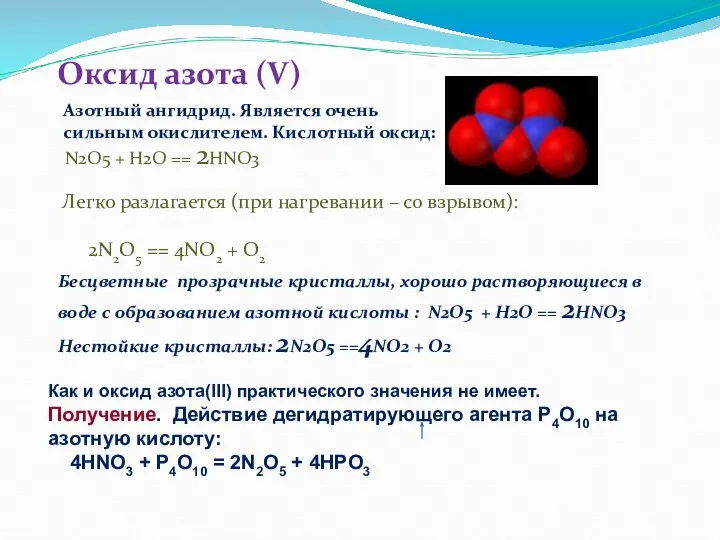 Оксид азота (V) Бесцветные прозрачные кристаллы, хорошо растворяющиеся в воде с образованием