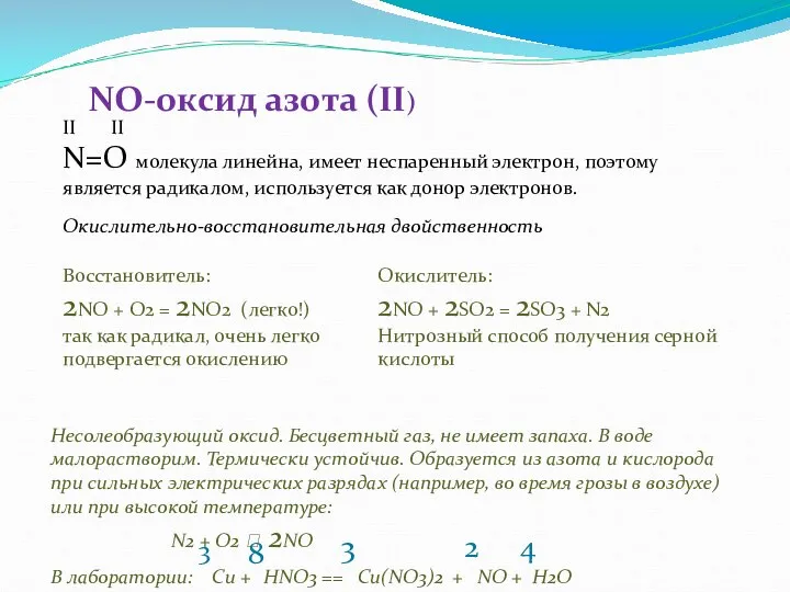 NO-оксид азота (II) Несолеобразующий оксид. Бесцветный газ, не имеет запаха. В воде