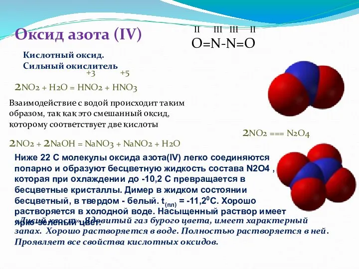 Оксид азота (IV) «Лисий хвост» Ядовитый газ бурого цвета, имеет характерный запах.