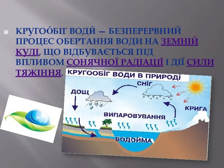 КРУГОО́БІГ ВОДИ́ — БЕЗПЕРЕРВНИЙ ПРОЦЕС ОБЕРТАННЯ ВОДИ НА ЗЕМНІЙ КУЛІ, ЩО ВІДБУВАЄТЬСЯ