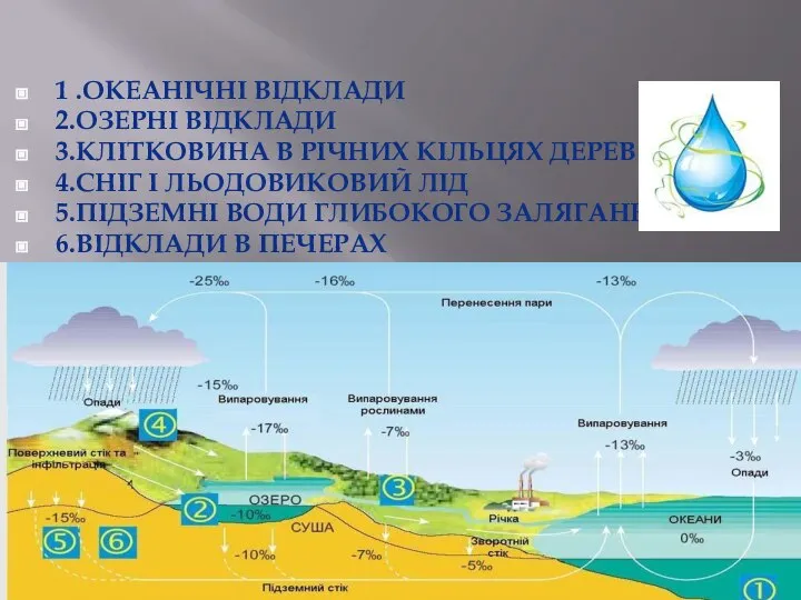 1 .ОКЕАНІЧНІ ВІДКЛАДИ 2.ОЗЕРНІ ВІДКЛАДИ 3.КЛІТКОВИНА В РІЧНИХ КІЛЬЦЯХ ДЕРЕВ 4.СНІГ І