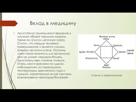 Вклад в медицину Аристотелю принадлежит введение в научный оборот термина «аорта». Также