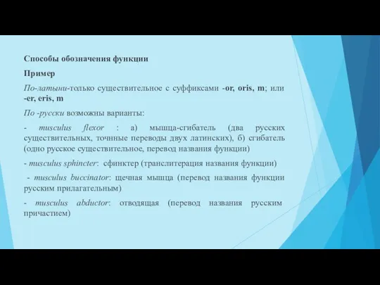 Способы обозначения функции Пример По-латыни-только существительное с суффиксами -or, oris, m; или