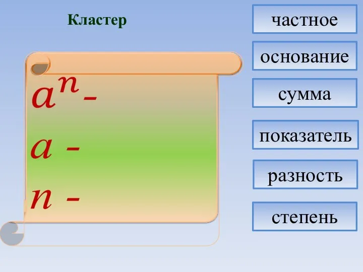 Кластер степень основание показатель сумма разность частное