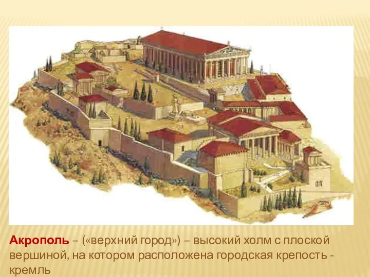 Акрополь – («верхний город») – высокий холм с плоской вершиной, на котором