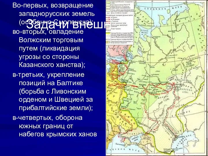 Задачи внешней политики Во-первых, возвращение западнорусских земель (особенно Смоленска); во-вторых, овладение Волжским