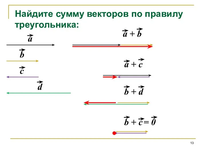 Найдите сумму векторов по правилу треугольника: