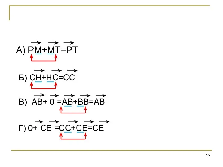 А) PM+MT=PT Б) CH+HC=CC В) AВ+ 0 =AB+BB=AB Г) 0+ CE =CC+CE=CE