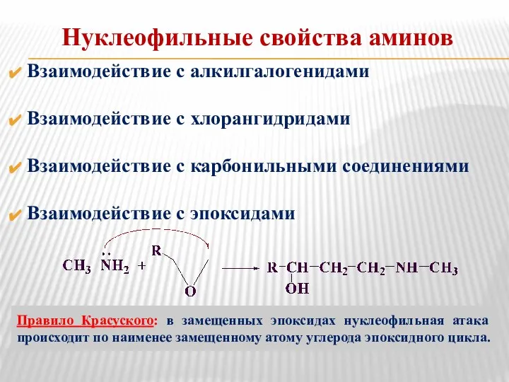 Нуклеофильные свойства аминов Взаимодействие с алкилгалогенидами Взаимодействие с хлорангидридами Взаимодействие с карбонильными