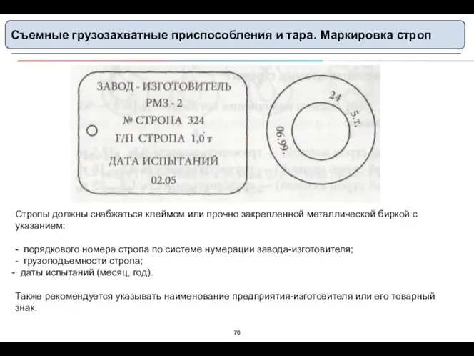 Съемные грузозахватные приспособления и тара. Маркировка строп Стропы должны снабжаться клеймом или