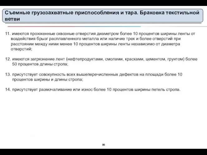 Съемные грузозахватные приспособления и тара. Браковка текстильной ветви 11. имеются прожженные сквозные