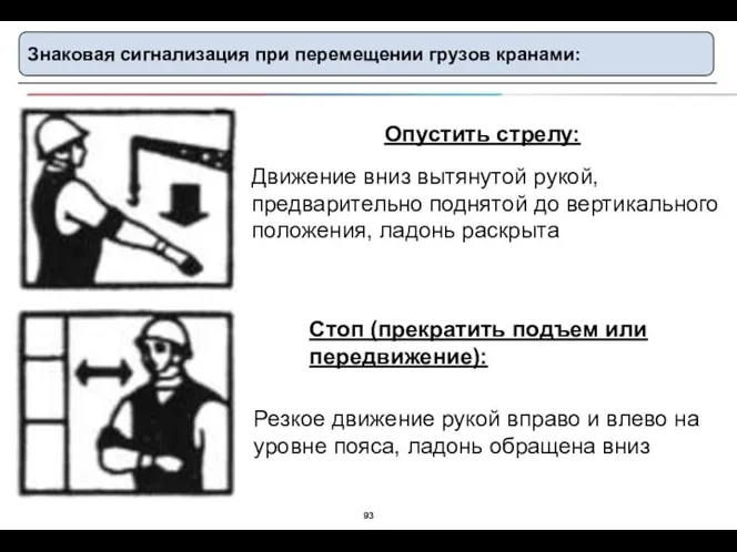 Знаковая сигнализация при перемещении грузов кранами: Опустить стрелу: Движение вниз вытянутой рукой,