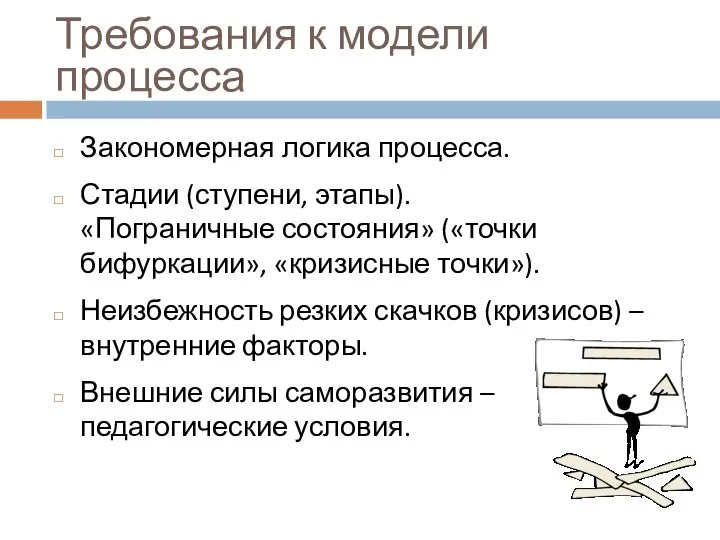 Требования к модели процесса Закономерная логика процесса. Стадии (ступени, этапы). «Пограничные состояния»