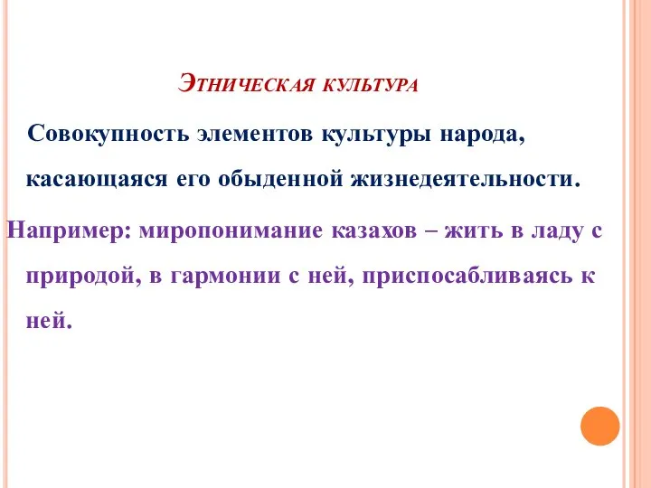 Этническая культура Совокупность элементов культуры народа, касающаяся его обыденной жизнедеятельности. Например: миропонимание