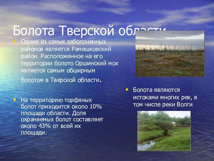 Болота Тверской области Одним из самых заболоченных районов является Рамешковский район. Расположенное