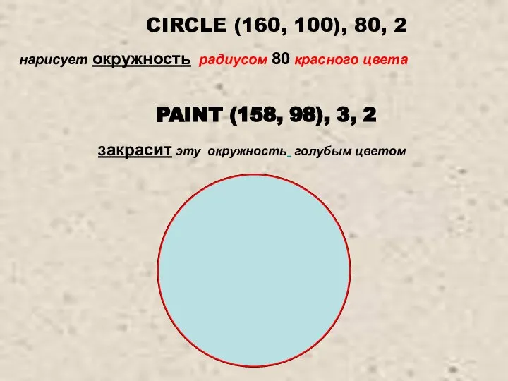 PAINT (158, 98), 3, 2 закрасит эту окружность голубым цветом