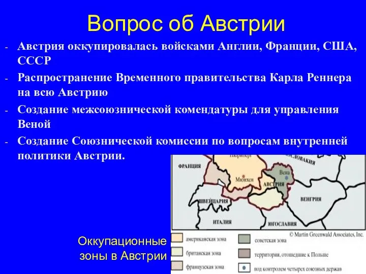 Вопрос об Австрии Австрия оккупировалась войсками Англии, Франции, США, СССР Распространение Временного