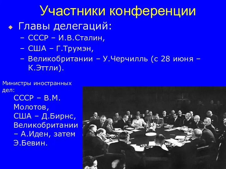Участники конференции Главы делегаций: СССР – И.В.Сталин, США – Г.Трумэн, Великобритании –