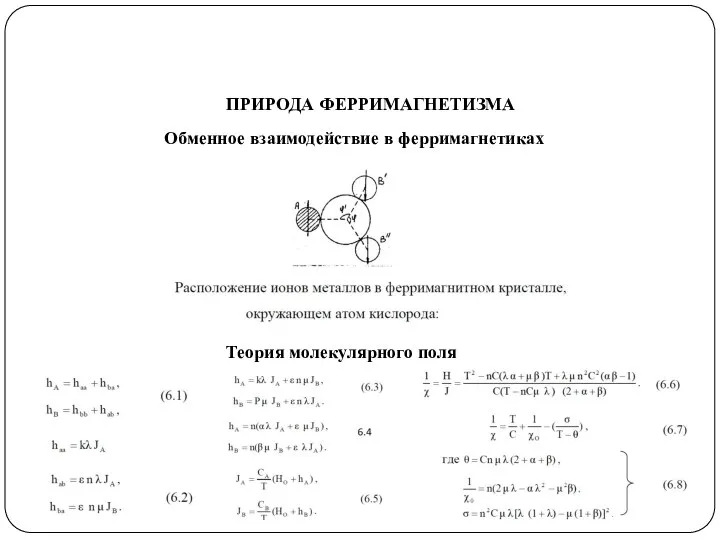 ПРИРОДА ФЕРРИМАГНЕТИЗМА Обменное взаимодействие в ферримагнетиках Теория молекулярного поля