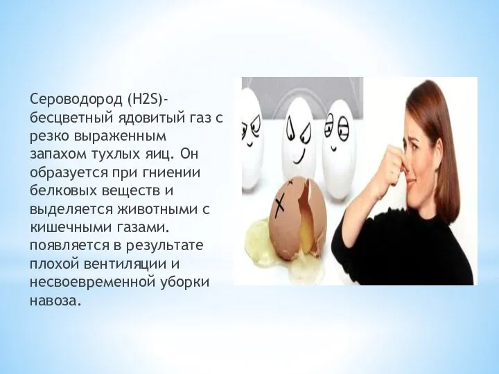 Сероводород (H2S)- бесцветный ядовитый газ с резко выраженным запахом тухлых яиц. Он