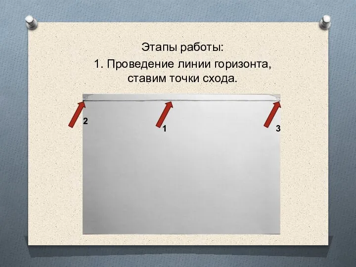 Этапы работы: 1. Проведение линии горизонта, ставим точки схода. 1 2 3