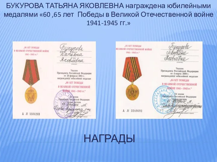 НАГРАДЫ БУКУРОВА ТАТЬЯНА ЯКОВЛЕВНА награждена юбилейными медалями «60 ,65 лет Победы в