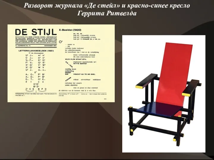 Разворот журнала «Де стейл» и красно-синее кресло Геррита Ритвелда